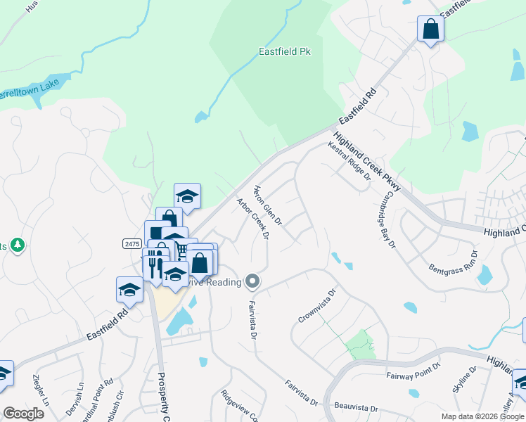 map of restaurants, bars, coffee shops, grocery stores, and more near 13415 Arbor Spring Drive in Charlotte
