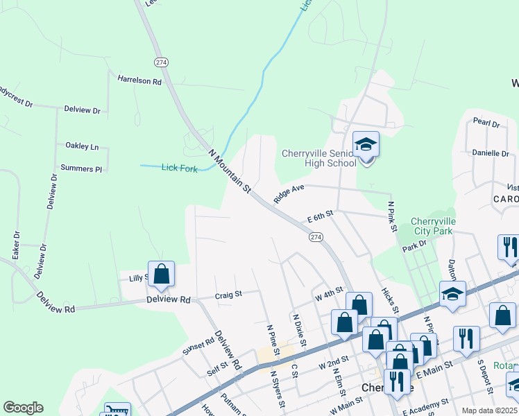 map of restaurants, bars, coffee shops, grocery stores, and more near 713 North Mountain Street in Cherryville