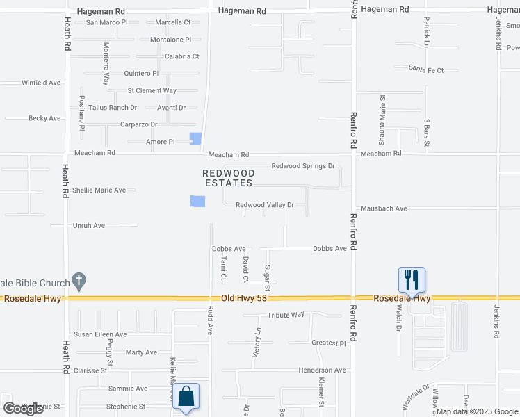map of restaurants, bars, coffee shops, grocery stores, and more near 3021 Redwood Hill Court in Bakersfield