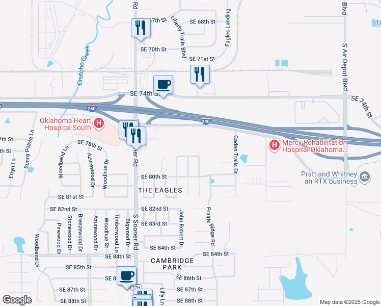 map of restaurants, bars, coffee shops, grocery stores, and more near 6005 Southeast 78th Street in Oklahoma City