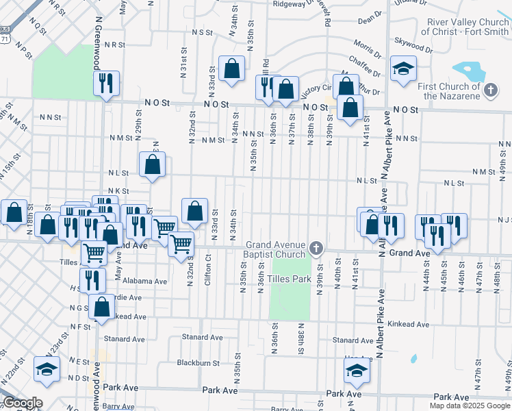 map of restaurants, bars, coffee shops, grocery stores, and more near 1208 North 35th Street in Fort Smith