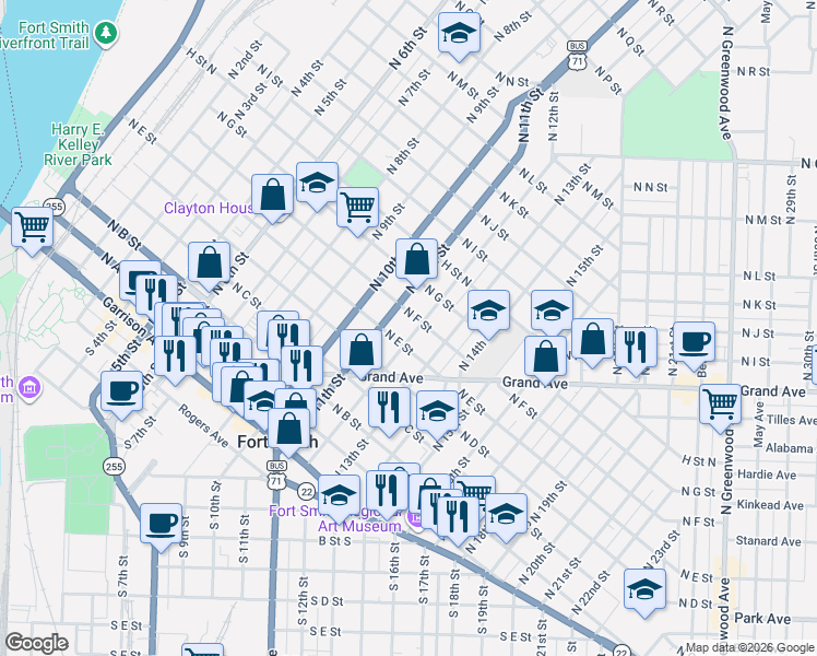 map of restaurants, bars, coffee shops, grocery stores, and more near 509 North 12th Street in Fort Smith