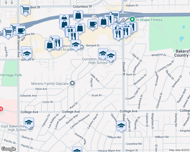 map of restaurants, bars, coffee shops, grocery stores, and more near 3124 Jade Avenue in Bakersfield