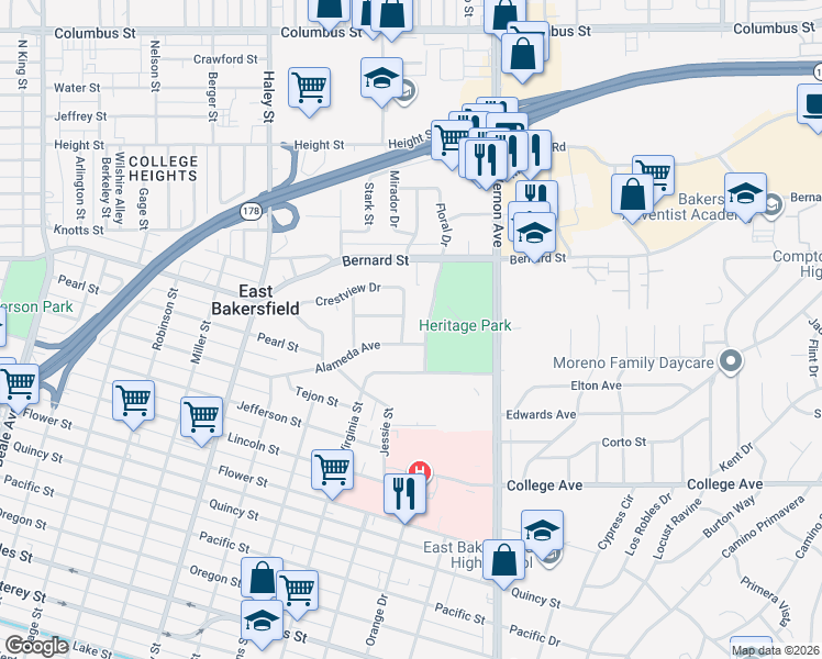 map of restaurants, bars, coffee shops, grocery stores, and more near 2209 Kamar Street in Bakersfield