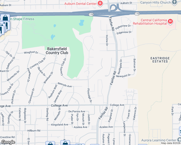 map of restaurants, bars, coffee shops, grocery stores, and more near 3801 Flintridge Drive in Bakersfield