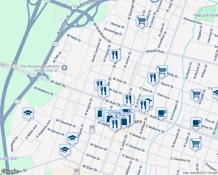 map of restaurants, bars, coffee shops, grocery stores, and more near 401-403 North George Street in Goldsboro