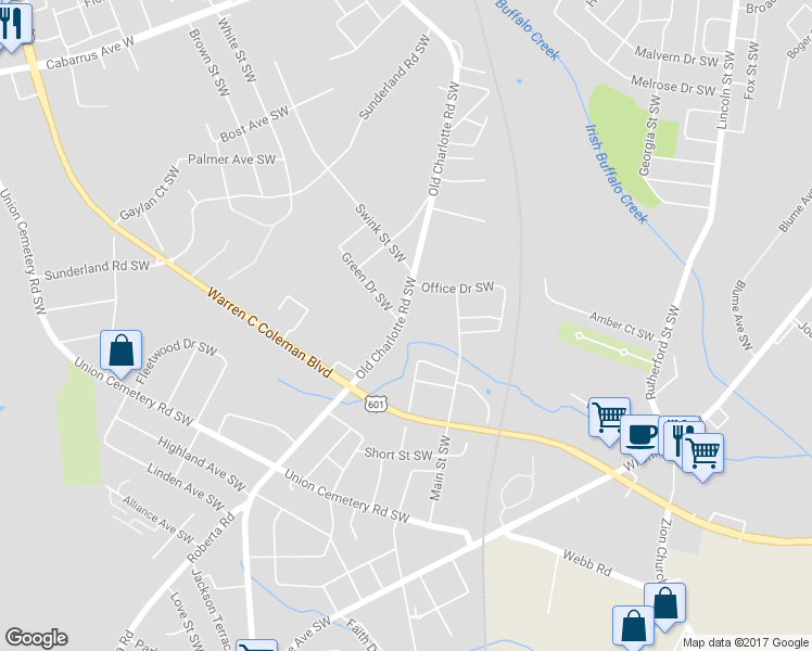 map of restaurants, bars, coffee shops, grocery stores, and more near 715 Old Charlotte Road Southwest in Concord