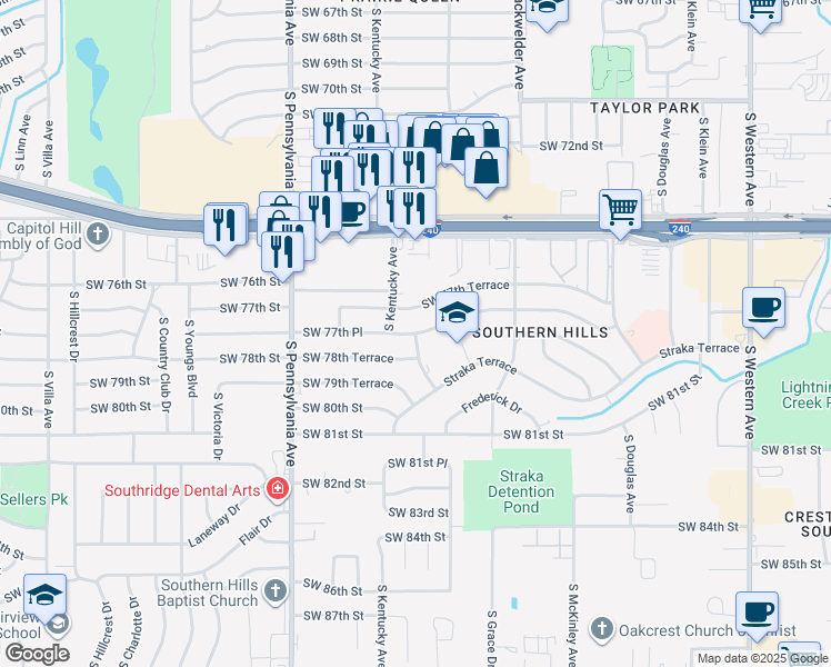 map of restaurants, bars, coffee shops, grocery stores, and more near 7800 South Kentucky Avenue in Oklahoma City
