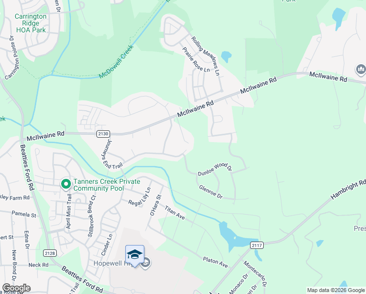 map of restaurants, bars, coffee shops, grocery stores, and more near 12307 Journeys End Trail in Huntersville