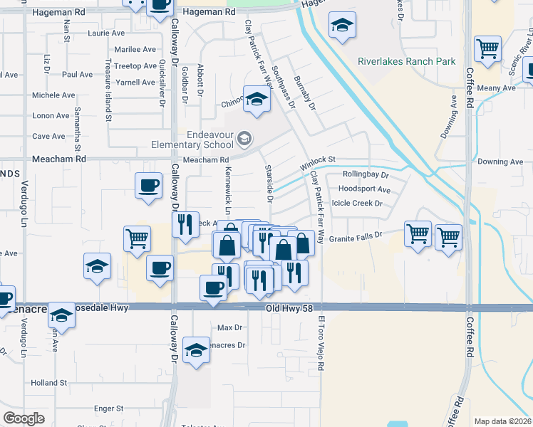 map of restaurants, bars, coffee shops, grocery stores, and more near 3025 Starside Drive in Bakersfield