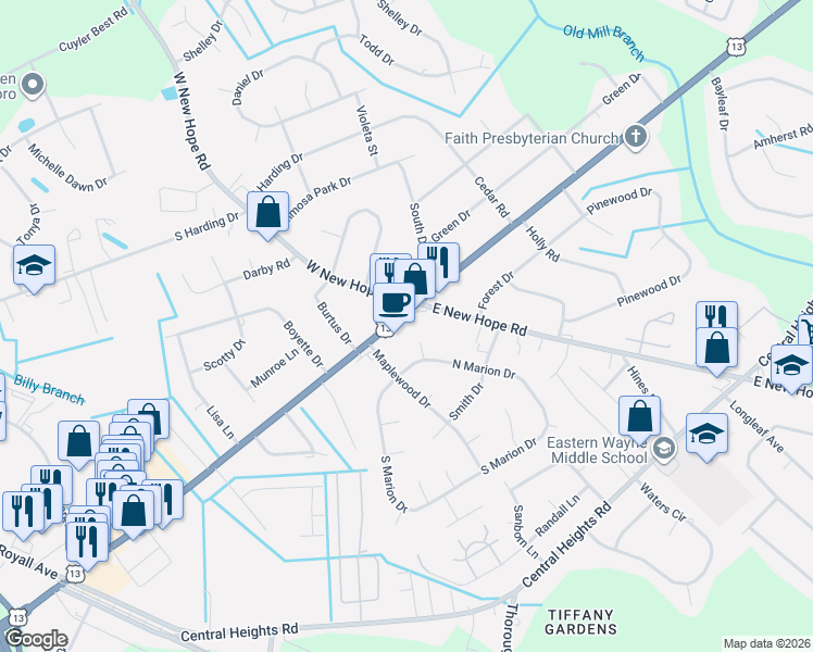 map of restaurants, bars, coffee shops, grocery stores, and more near 1814 North Berkeley Boulevard in Goldsboro