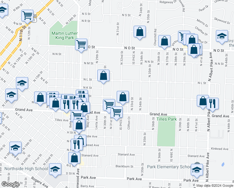 map of restaurants, bars, coffee shops, grocery stores, and more near 1213 North 32nd Street in Fort Smith