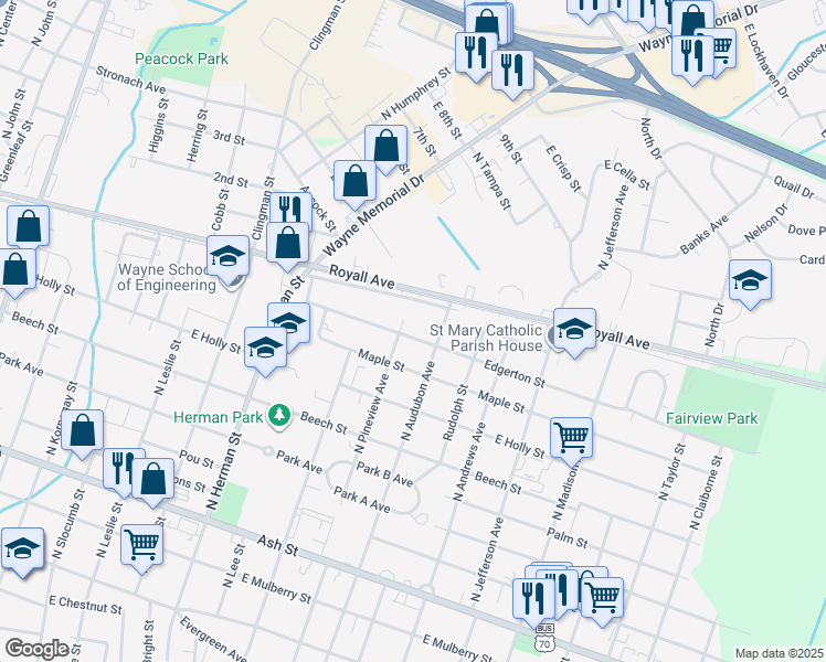 map of restaurants, bars, coffee shops, grocery stores, and more near 1209 Edgerton Street in Goldsboro
