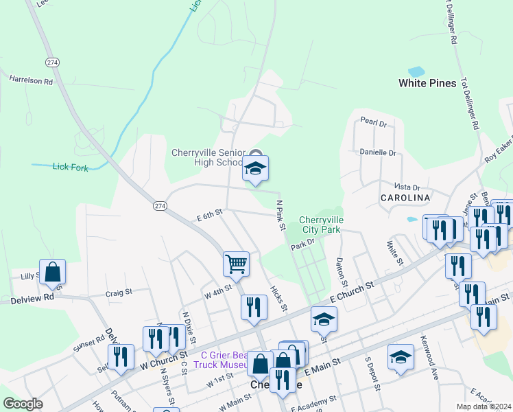 map of restaurants, bars, coffee shops, grocery stores, and more near 313 East 6th Street in Cherryville