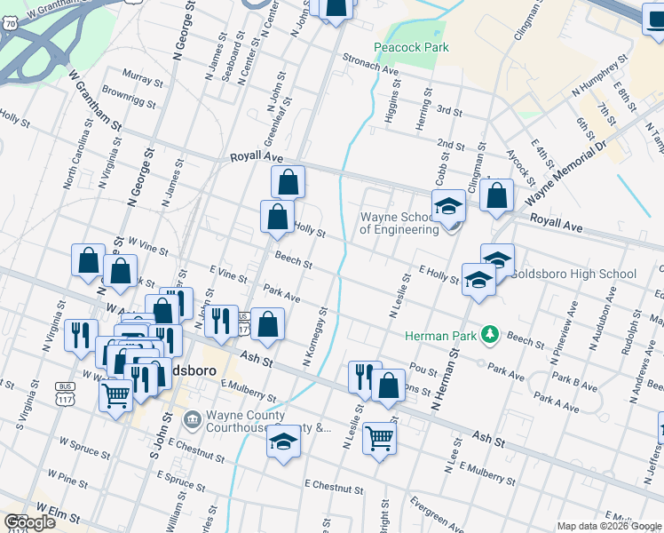 map of restaurants, bars, coffee shops, grocery stores, and more near 411 Beech Street in Goldsboro