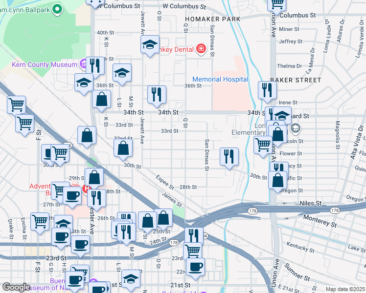 map of restaurants, bars, coffee shops, grocery stores, and more near 3111 Q Street in Bakersfield