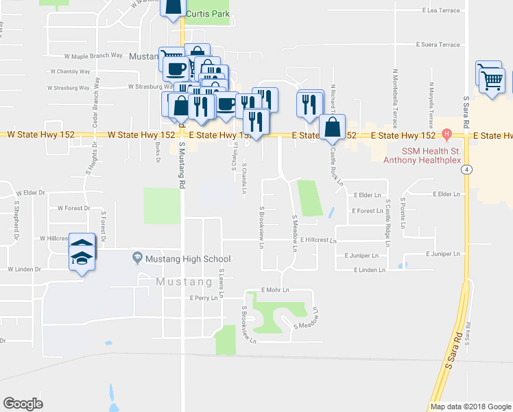 map of restaurants, bars, coffee shops, grocery stores, and more near 415 South Brookview Lane in Mustang