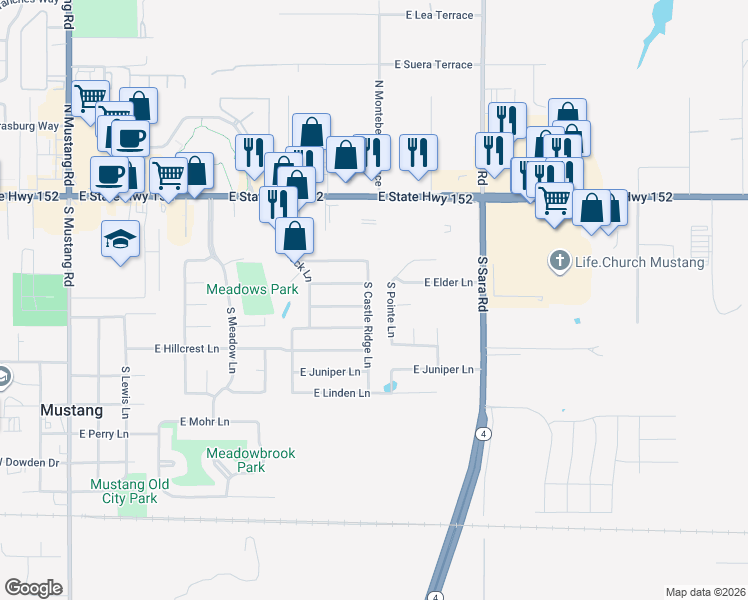 map of restaurants, bars, coffee shops, grocery stores, and more near 416 South Castle Ridge Lane in Mustang