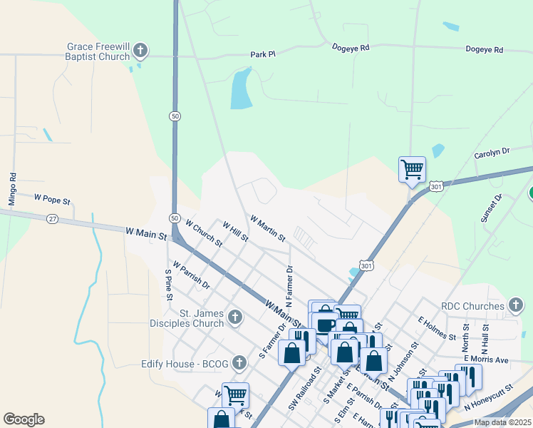 map of restaurants, bars, coffee shops, grocery stores, and more near 416 West Martin Street in Benson