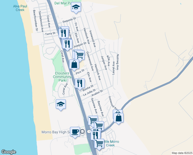 map of restaurants, bars, coffee shops, grocery stores, and more near 2445 Greenwood Avenue in Morro Bay