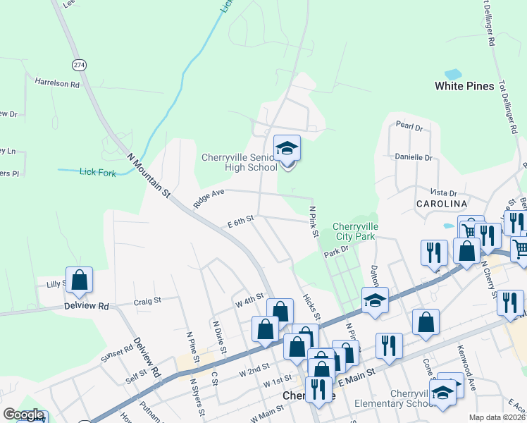 map of restaurants, bars, coffee shops, grocery stores, and more near 301 East 6th Street in Cherryville