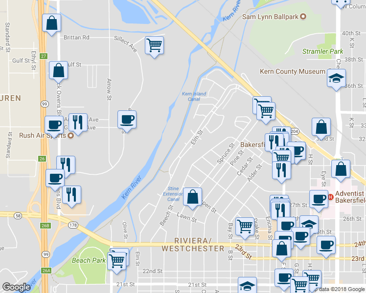 map of restaurants, bars, coffee shops, grocery stores, and more near 3201 Peach Tree Court in Bakersfield
