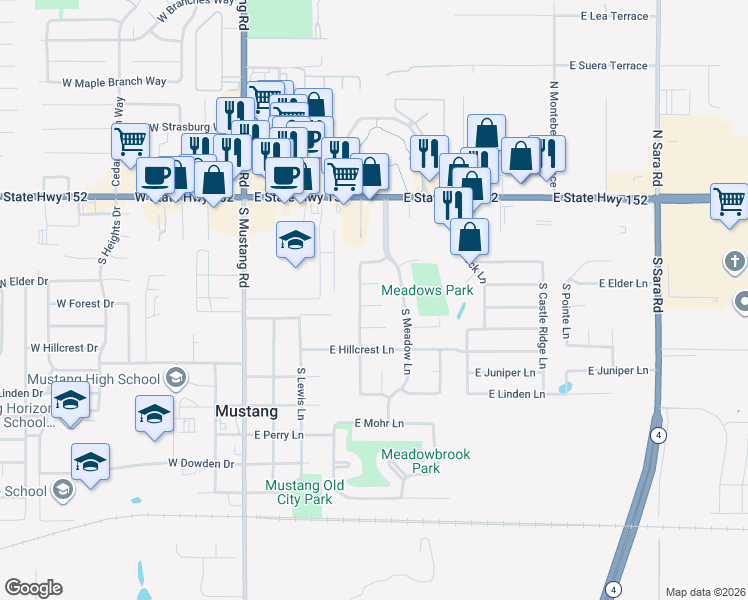 map of restaurants, bars, coffee shops, grocery stores, and more near 311 East Forest Lane in Mustang