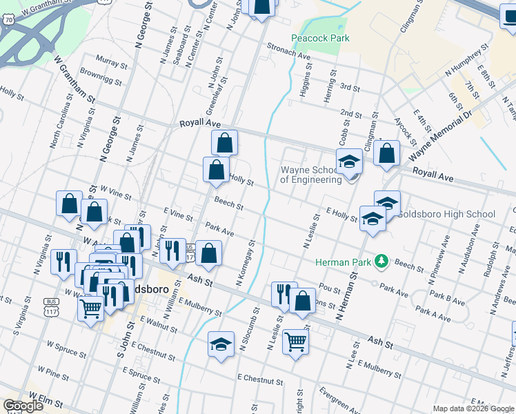 map of restaurants, bars, coffee shops, grocery stores, and more near 411 Beech Street in Goldsboro