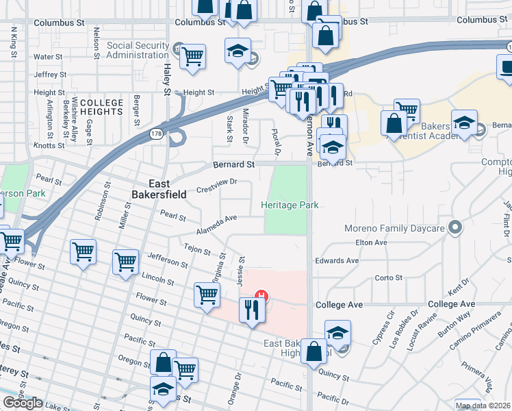 map of restaurants, bars, coffee shops, grocery stores, and more near 2209 Kamar Street in Bakersfield