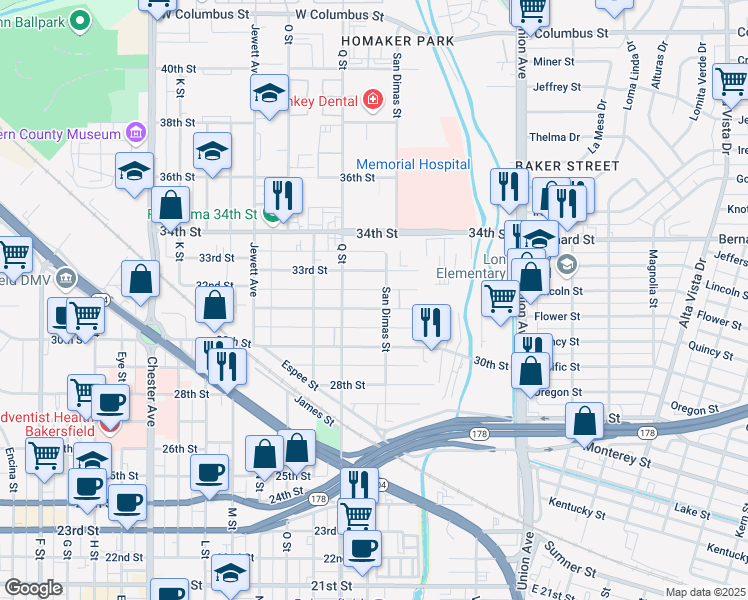 map of restaurants, bars, coffee shops, grocery stores, and more near 3100 San Dimas Street in Bakersfield