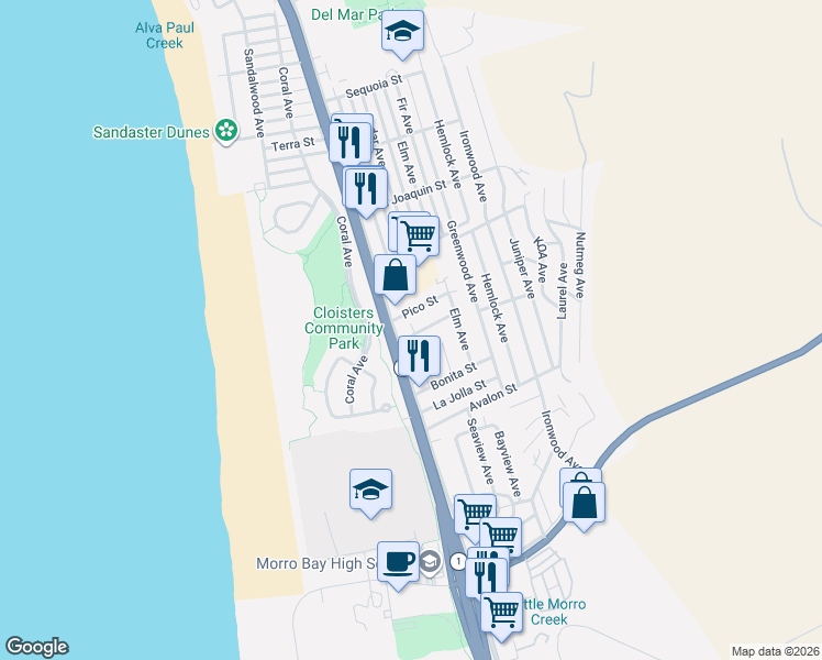 map of restaurants, bars, coffee shops, grocery stores, and more near 2500 Main Street in Morro Bay