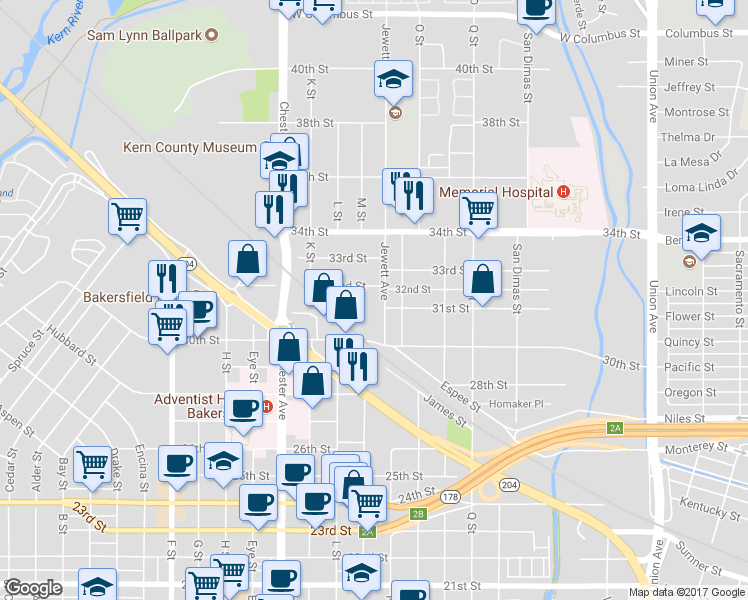 map of restaurants, bars, coffee shops, grocery stores, and more near 3125 Jewett Avenue in Bakersfield