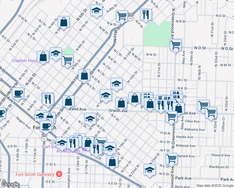 map of restaurants, bars, coffee shops, grocery stores, and more near 815 North 16th Street in Fort Smith