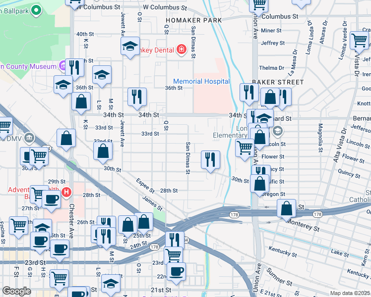 map of restaurants, bars, coffee shops, grocery stores, and more near 3111 San Dimas Street in Bakersfield