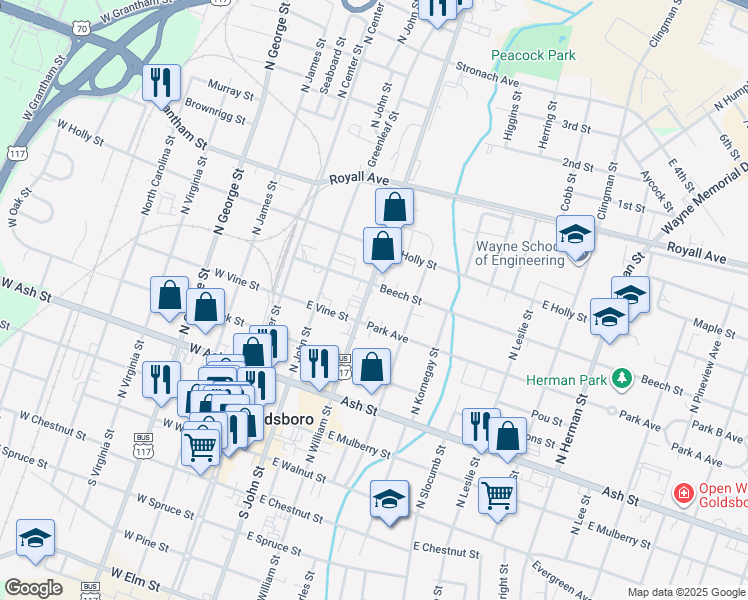 map of restaurants, bars, coffee shops, grocery stores, and more near 510 North William Street in Goldsboro