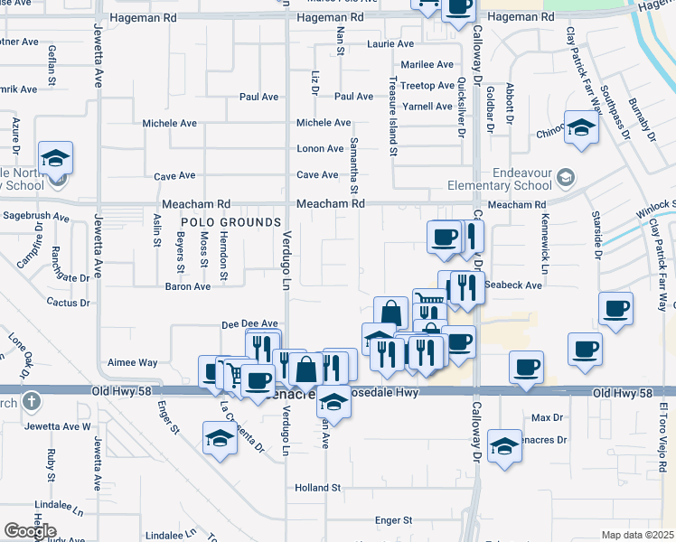map of restaurants, bars, coffee shops, grocery stores, and more near 10213 Bridgeland Court in Bakersfield