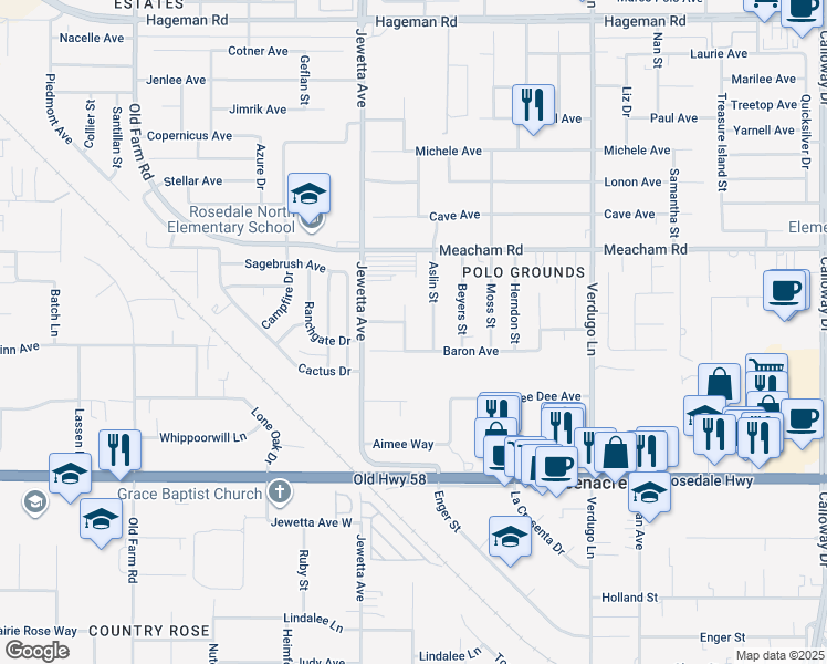 map of restaurants, bars, coffee shops, grocery stores, and more near 3108 Holbrook Street in Bakersfield