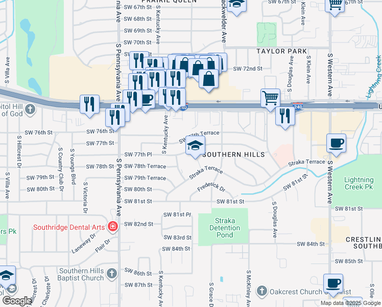 map of restaurants, bars, coffee shops, grocery stores, and more near 1352 SW 77th Pl in Oklahoma City