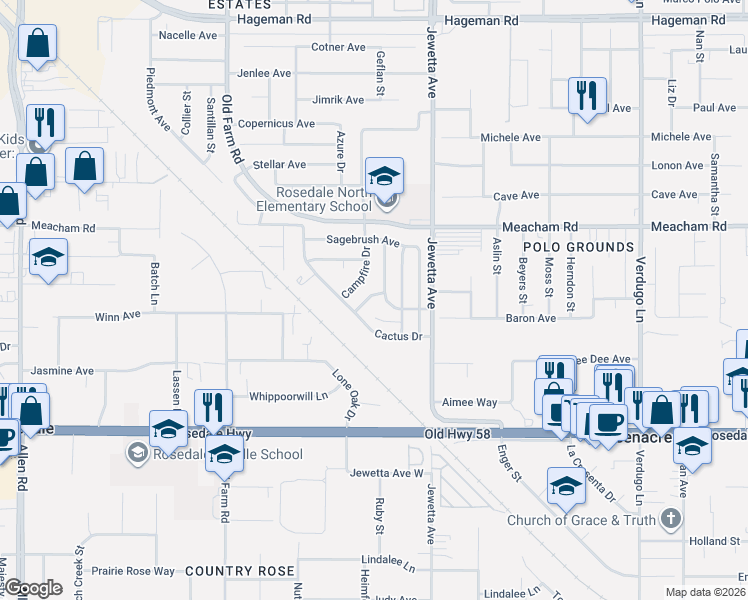 map of restaurants, bars, coffee shops, grocery stores, and more near 3101 Ranchgate Drive in Bakersfield