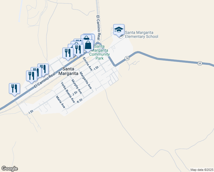 map of restaurants, bars, coffee shops, grocery stores, and more near 22275 K Street in Santa Margarita