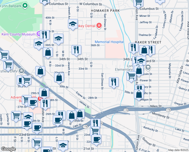 map of restaurants, bars, coffee shops, grocery stores, and more near 710 31st Street in Bakersfield