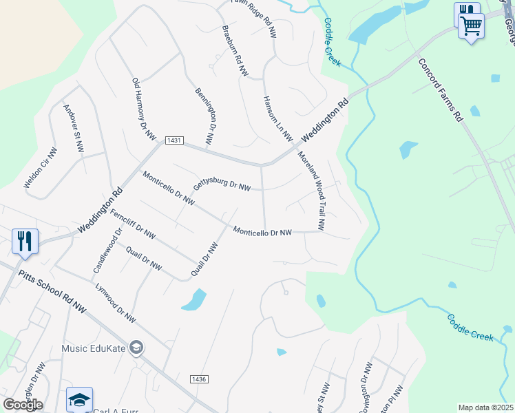 map of restaurants, bars, coffee shops, grocery stores, and more near 1912 Alamance Drive Northwest in Concord