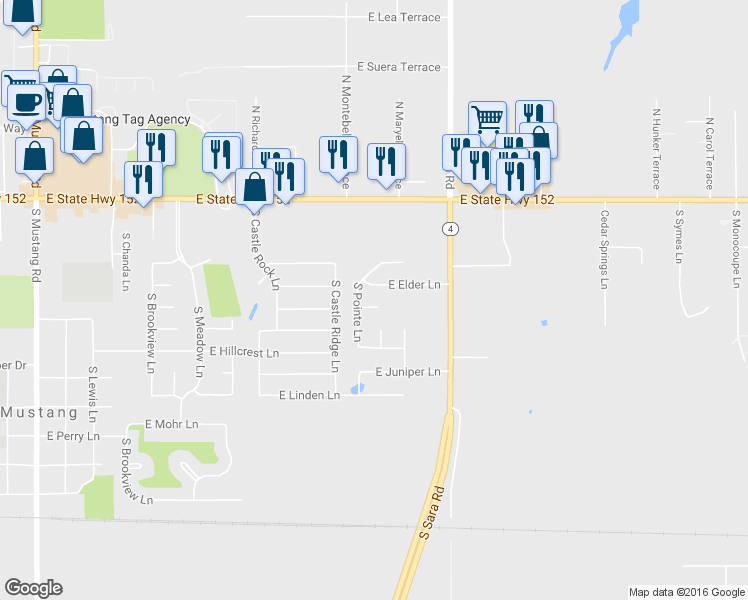 map of restaurants, bars, coffee shops, grocery stores, and more near 715 East Forest Court Lane in Mustang