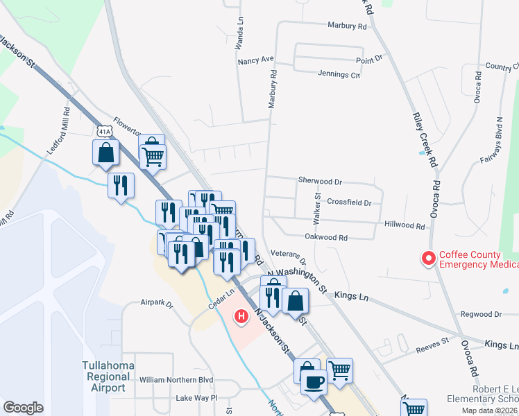map of restaurants, bars, coffee shops, grocery stores, and more near 305 Marbury Road in Tullahoma