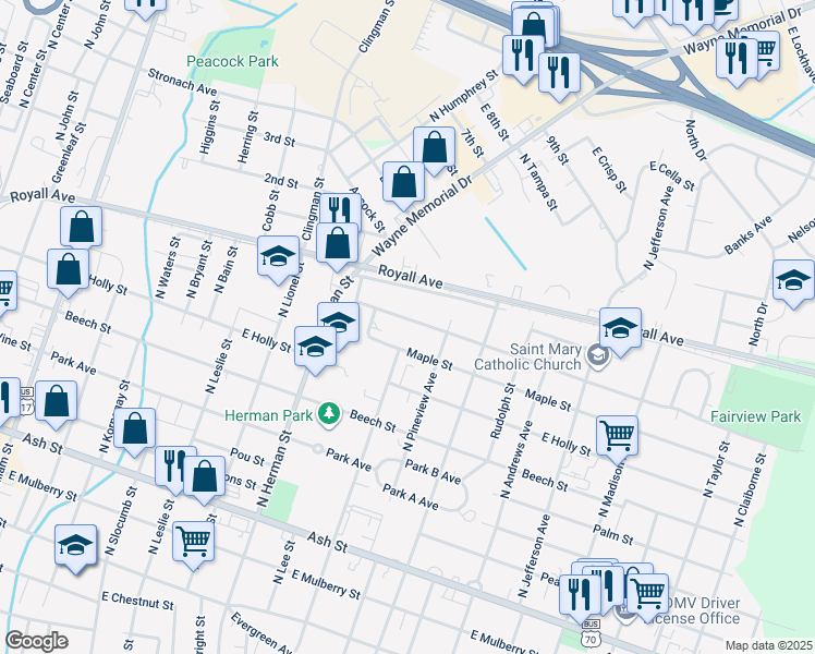 map of restaurants, bars, coffee shops, grocery stores, and more near 1012 Edgerton Street in Goldsboro