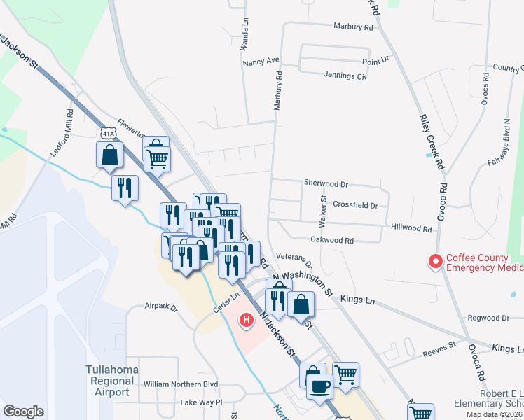 map of restaurants, bars, coffee shops, grocery stores, and more near 305 Marbury Road in Tullahoma