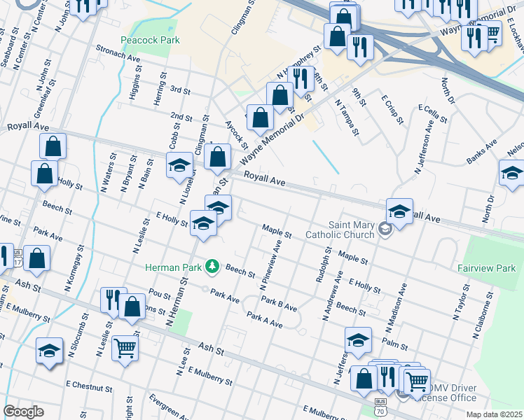 map of restaurants, bars, coffee shops, grocery stores, and more near 1012 Edgerton Street in Goldsboro
