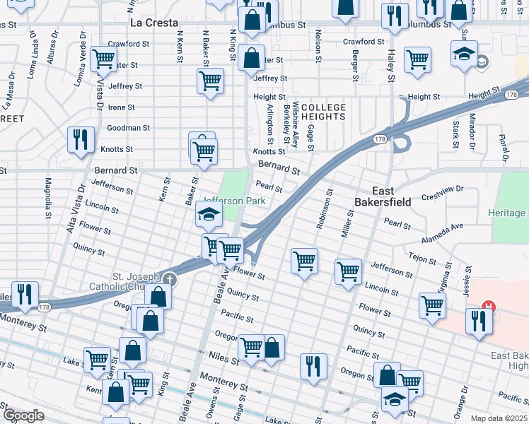 map of restaurants, bars, coffee shops, grocery stores, and more near 919 Grace Street in Bakersfield