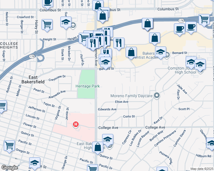 map of restaurants, bars, coffee shops, grocery stores, and more near 1916 Ridge Rd in Bakersfield