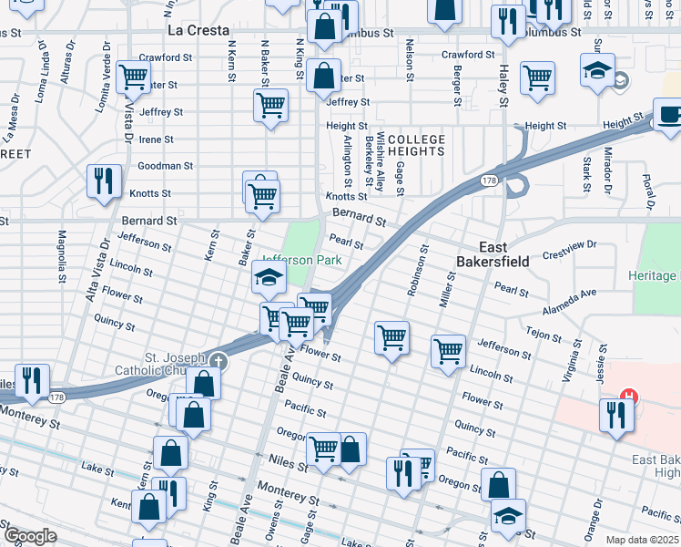 map of restaurants, bars, coffee shops, grocery stores, and more near 919 Grace Street in Bakersfield